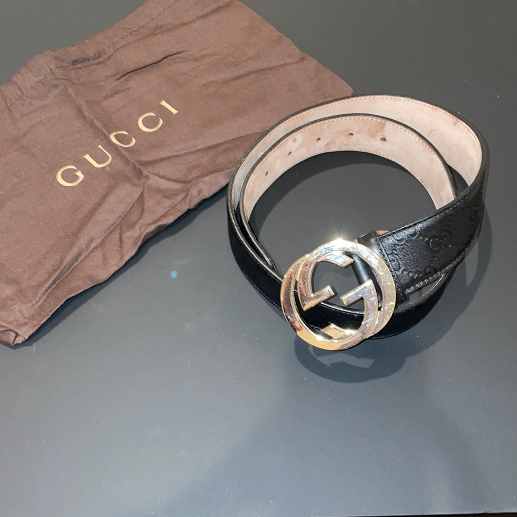 Black Gucci Interlocking G Belt With Gold Buckle And Gucci Print